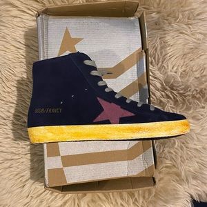 golden knock off goose Purple star navy blue suede hi top sneaker